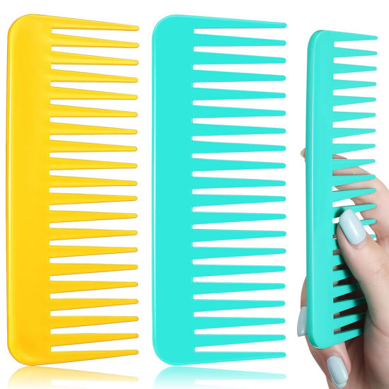 Picture of Large Hair Detangling Comb Wide Tooth Comb for Curly Hair Wet Dry Hair, No Handle Detangler Comb Styling Shampoo Comb (Yellow, Cyan)