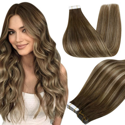 Picture of Full Shine Tape in Hair Extensions 18 Inch Skin Weft Tape Hair Extensions Medium Brown to Honey Blonde Real Human Hair Tape ins 50 Gram Balayage Hair Extensions for Women 20pcs 4/24/4