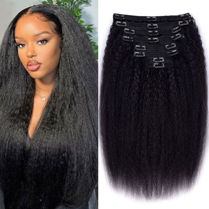 Picture of CanaryFly Kinky Straight Clip in Hair Extensions for Black Women Full Head Brazilian Virgin Human Hair Natural Black Color ,8/Pcs with 18Clips,120 Gram (16inch, Kinky Straight)