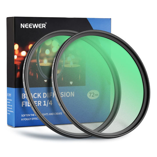 Picture of NEEWER 2 Pcs 72mm Black Diffusion Lens Filter Kit， 1/4 & 1/8 Mist Cinematic Effect Filters with Storage Cases， Cleaning Cloths， Multi Nano Coated HD Optical Glass for Video/Vlog/Portrait Shot