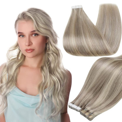 Picture of Full Shine Tape in Extensions Remy Hair 22 Inch Real Human Hair Tape in Hair Extensions Grey Highlighted Platinum Blonde Glue in Hair Extensions PU Skin Weft Tape in Human Hair 50 Gram 20pcs