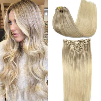 Picture of GOO GOO Clip in Hair Extensions Ombre Ash Blonde to Golden Blonde and Platinum Blonde Remy Human Hair Extensions Clip in Real Natural Hair Extensions Straight Thick 80g 12 Inch