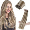 Picture of LAAVOO Highlighted Sew in Hair Extensions Human Hair 14 Inch 80g Light Brown with Blonde Remy Hair Extensions Weft Real Human Hair Thick Double Weft