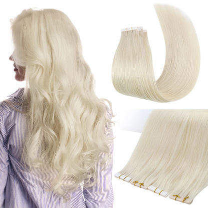 Picture of Full Shine Blonde Virgin Tape in Extensions Human Hair Color 60 Blonde Tape in Hair Extensions Double Sided Tape Hair 24 Inch Silky Straight Tape Extensions 5Pcs Injection Hair Extensions 12.5g