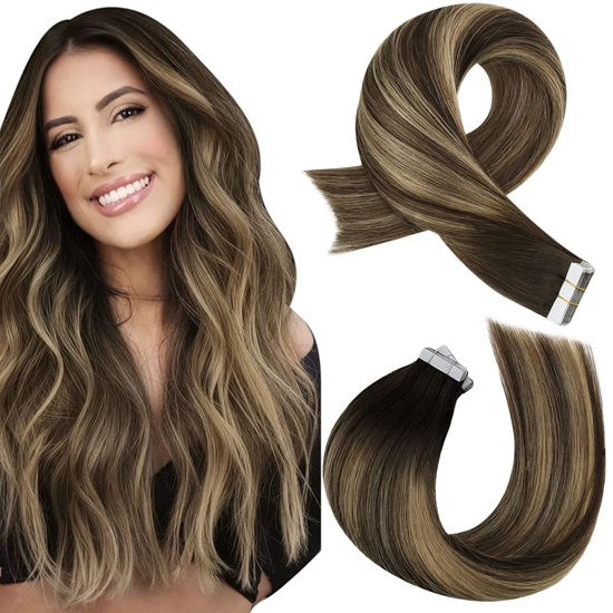 Picture of Moresoo Tape in Hair Extensions Real Human Hair 18 Inch Seamless Hair Extensions Tape in 20pcs Real Hair Tape in Extensions Human Hair #4/27/4 Brown to Blonde Tape in Extensions Double Sided 50g