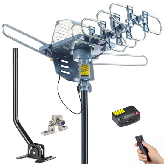 Picture of PBD Digital Outdoor TV Antenna, 150 Mile Motorized 360 Degree Rotation Support 2 TVs, Grounding Block, Mounting Pole, 50FT RG6 Coax Cable, Wireless Remote Control, UHF/VHF, Snap-On Installation