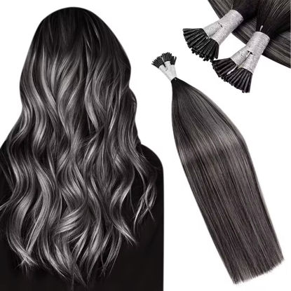 Picture of LAAVOO Black Itip Hair Extensions Ombre Balayage Silver Grey Keratin Stick Tip Hair Extensions Real Human Hair For Black Women 18 Inch 50g/50s