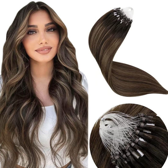 Picture of LAAVOO Microlink Hair Extensions Real Human Hair 18 in Darkest Brown Mix Light Brown Balayage Ombre Hair Extensions Microloop Real Human Hair 50g 50s