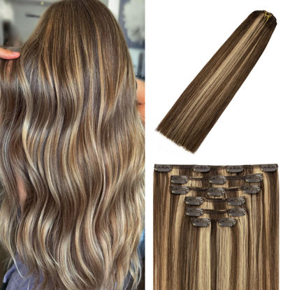 Picture of Clip in Hair Extensions Human Hair Balayage Chocolate Brown to Dark Blonde 20Inch 70g #4p27 7PCS