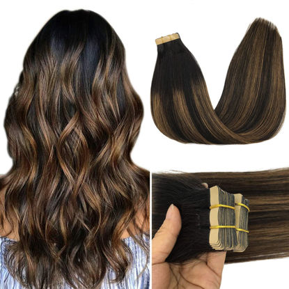 Picture of GOO GOO 18 Inch Tape in Hair Extensions Human Hair Balayage Natural Black Highlighted Chestnut Brown 20pcs 50g Remy Tape in Hair Extension for Women