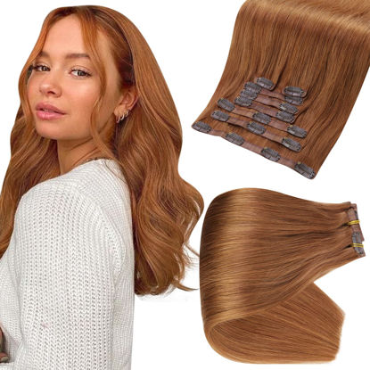 Picture of Full Shine Copper Clip in Hair Extensions Real Human Hair Double Weft Seamless Auburn Brown Clip in Extensions Remy Straight Hair Fashion Color 12 Inch 100 Grams 8Pcs Short Red Hair Extensions