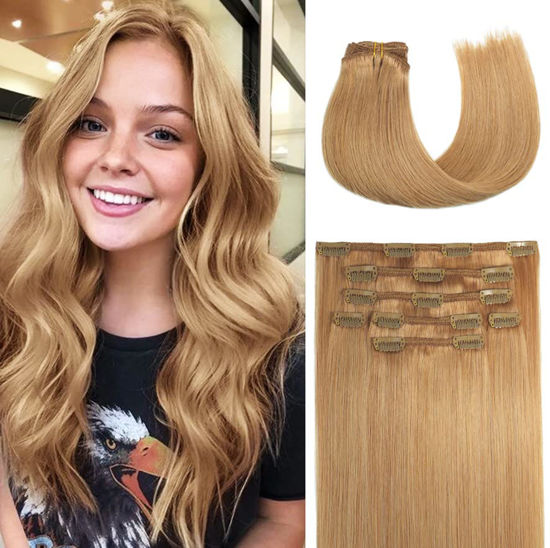 Picture of Hair Extensions Clip In Human Hair Extensions Reddish Blondee 70g 20in 7 Pcs Natural Soft Hair, Can Be Styled Long Hair (20"#12)