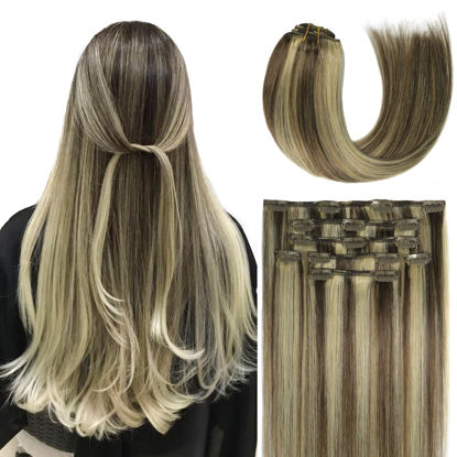 Picture of Hair Extensions Clip In Human Hair Extensions Dark Brown to Blonde 70g 20in 7 Pcs Natural Soft Hair, Can Be Styled Long Hair (20"#2P613)