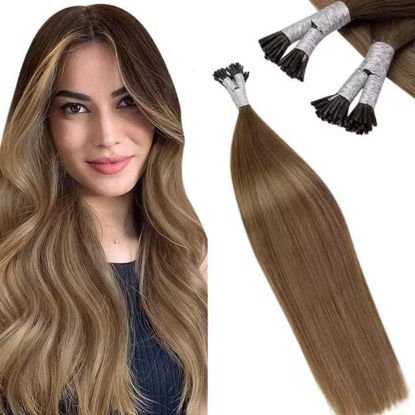 Picture of LAAVOO Real I Tip Hair Extensions Human Hair Light Brown Mix Medium Brown to Golden Brown Pre Bonded I Tip Hair Extensions Balayage Ombre Real Human Hair Silky Straight 18 Inch 1g/1s 50g/set