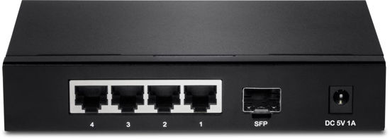 Picture of TRENDnet 4-Port Gigabit Switch with SFP Slot, TEG-S51SFP, 10 Gbps Switching Capacity, Fanless, 802.1p QoS, Rear Facing Ports, Metal Housing, Network Ethernet Switch, Lifetime Protection, Black