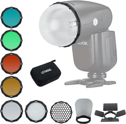 Picture of LETWING TR-09 Magnetic Round Head Flash Accessory Kit for Godox V1 Flash and Godox H200R Godox AD200 AD200Pro Pocket Flash, Included Barn Door, Snoot, Color Filter, Reflector, Honeycomb