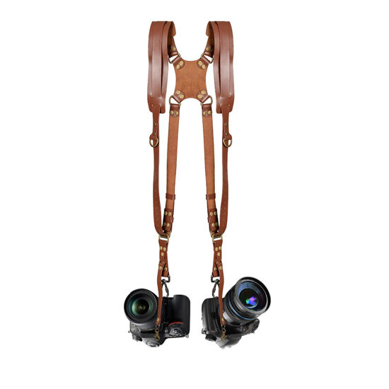 Picture of Jumyee Leather Camera Strap, Dual Camera Straps for Photographers Double Camera Harness Adjustable Shoulder Straps Belt Camera Accessories (Brown)