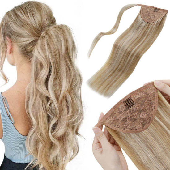 Picture of Blonde Ponytail Extension Human Hair Light Golden Brown Highlights Light Blonde Clip in Remy Ponytail Hair Extensions Wrap Around One Piece For Women 14inch 70G/Set