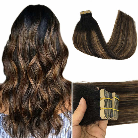 Picture of GOO GOO Tape in Hair Extensions Balayage Natural Black to Chestnut Brown 20pcs 50g 20IN Real Remy Human Hair Extensions for Women