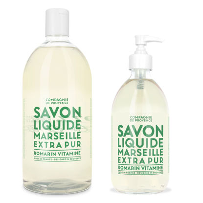 Picture of Compagnie de Provence Savon de Marseille Extra Pure Liquid Soap - Revitalizing Rosemary - 16.7 Fl Oz Glass Pump Bottle and 33.8 fl oz Plastic Bottle Refill