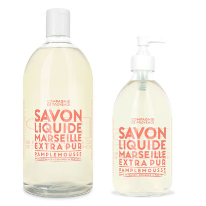 Picture of Compagnie de Provence Savon de Marseille Extra Pure Liquid Soap - Pink Grapefruit - 16.9 Fl Oz Glass Pump Bottle and 33.8 fl oz Plastic Bottle Refill