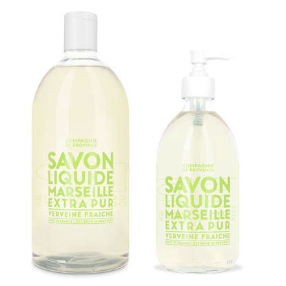 Picture of Compagnie de Provence Savon de Marseille Extra Pure Liquid Soap - Fresh Verbena - 16.9 Fl Oz Glass Pump Bottle and 33.8 fl oz Plastic Bottle Refill