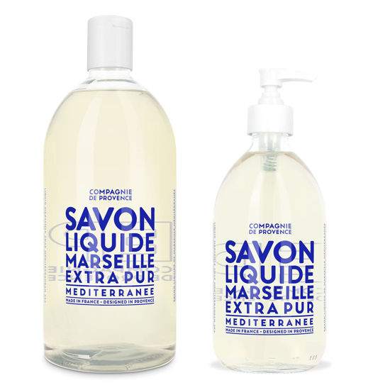 Picture of Compagnie de Provence Savon de Marseille Extra Pure Liquid Soap - Mediterranean Sea - 16.9 Fl Oz Glass Pump Bottle and 33.8 fl oz Plastic Bottle Refill