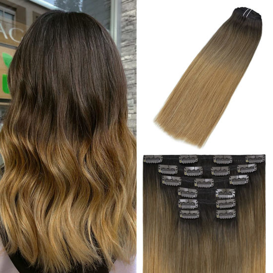 Picture of WindTouch Clip In Hair Extensions Human Hair 100g Balayage Dark Brown Fading to Chestnut Brown and Ash Brown Highlighted (12Inch 7PCS) #2T6T27