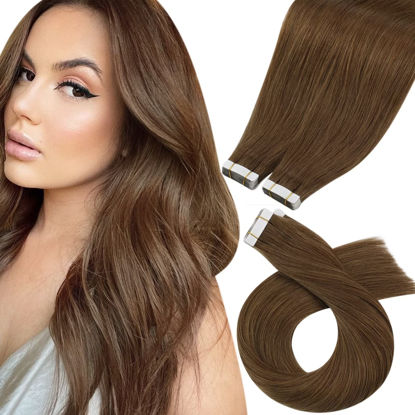 Picture of Moresoo Light Brown Tape in Hair Extensions Human Hair Extensions 22 Inch Double Sided Tape in Extension 20pcs Adhesive Tape ins Thick End #8 Light Brown PU Tape Hair Extensions for Women 50g