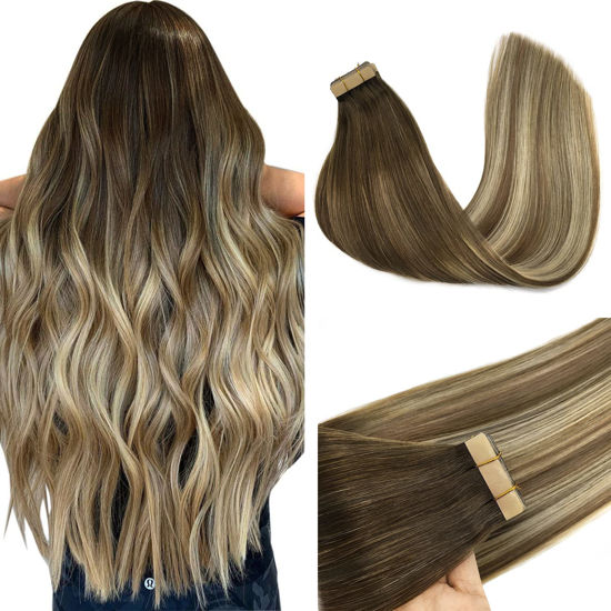 Picture of GOO GOO Human Hair Extensions Tape in 18 Inch Walnut Brown to Ash Brown and Bleach Blonde Real Human Hair Extensions 20pcs 50g Remy Tape in Hair Extensions Human Hair