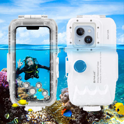 Picture of PULUZ Upgrade One-Way Valve Diving Case for iPhone 14/14 Pro / 13/13 Pro / 12/12 Pro Waterproof Housing,40m/130ft Underwater Diving Case IP68 Waterproof Shockproof Dustproof White