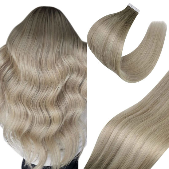 Picture of Sunny Human Hair Tape in Extensions Blonde Ombre Hair Extensions Tape in Ash Blonde Ombre Platinum Blonde Tape in Hair Extensions Balayage Blonde Skin Weft 20pcs/50g 18inch