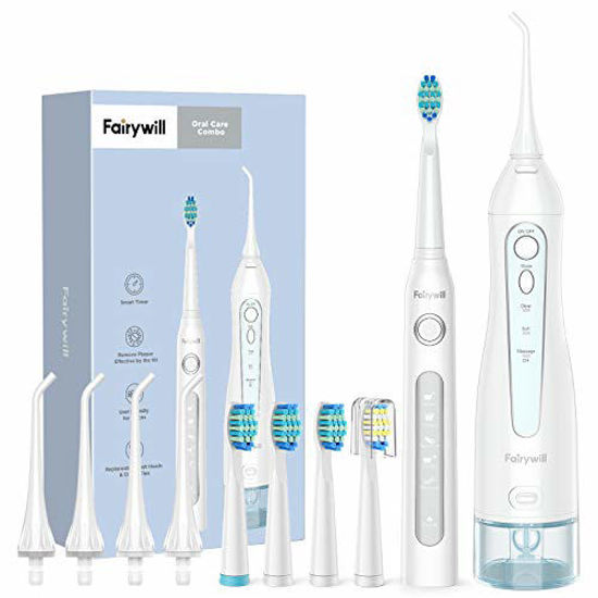 Picture of Water Flosser and Toothbrush Combo, Fairywill Teeth Cleaner Set, 4 Hours Charge for 30 Days Use, 5 Optional Modes and 4 Brush Heads Whitening Toothbrushes, 3 Modes and 4 Jet Tips Oral Irrigator,White