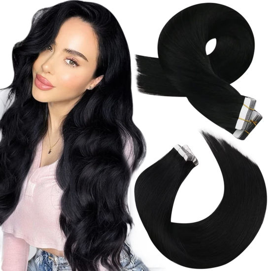 Picture of Tape in Hair Extensions Human Hair, Moresoo Black Hair Extensions Tape in Real Hair Extensions 24 Inch #1 Jet Black Glue in Brazilian Hair 20pcs Adhesive Tape Hair for Women 50g