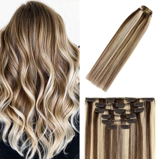 Picture of WindTouch Clip in Hair Extensions Remy Human Hair Medium Brown to Blonde Highlights 22Inch 70g 7PCS #4P613 Clip in Hair Extensions