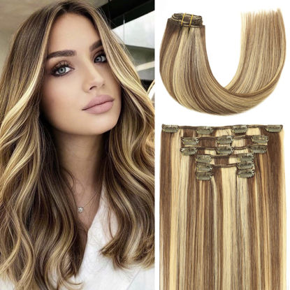 Picture of Clip In Real Human Hair Extensions 22inch 70g 7pcs Light Brown to Blonde Highlights Balayage Thick Hair Long Straight Silk Blond Balayage Highlighted Hair Extensions Remy Hair(22"#6613)