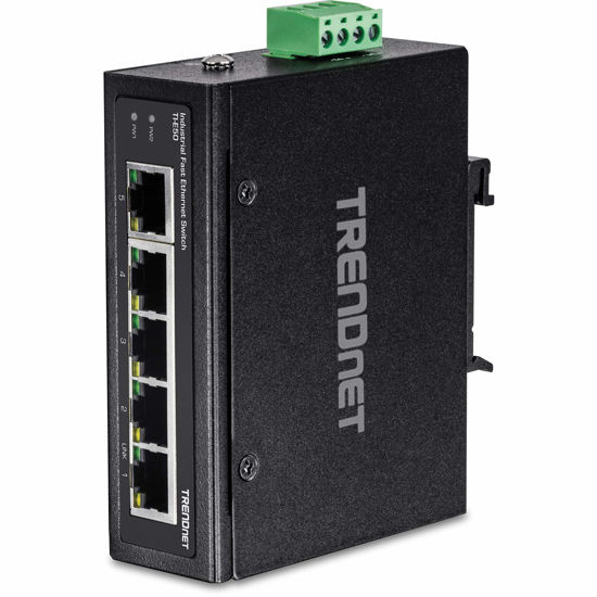 Picture of TRENDnet 5-Port Industrial Unmanaged Fast Ethernet DIN-Rail Switch, 5 x Fast Ethernet Ports, IP30, Operating Temperature Range of -40° - 75°C (-40° - 167°F), Lifetime Protection, Black, TI-E50