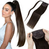 Picture of LAAVOO Clip in Ponytail Hair Extensions Dirty Brown Mix Smoky Grey 16inch 80g Hair Extensions Ponytail Wrap Around Dark Brown Real Human Hair Extensions Hair Piece Straight