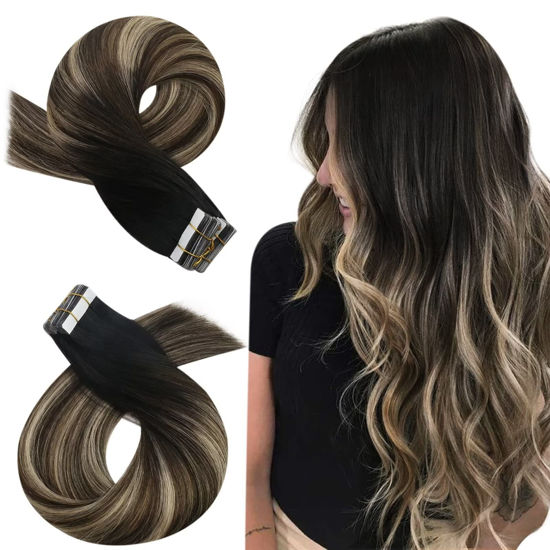 Picture of Moresoo Tape in Hair Extensions Human Hair Balayage 20 Inch Invisible Hair Extensions Tape in 50g Real Hair Blonde Tape in Extensions #1B/3/27 Black to Brown Highlight Blonde Tape in Remy Hair 20pcs