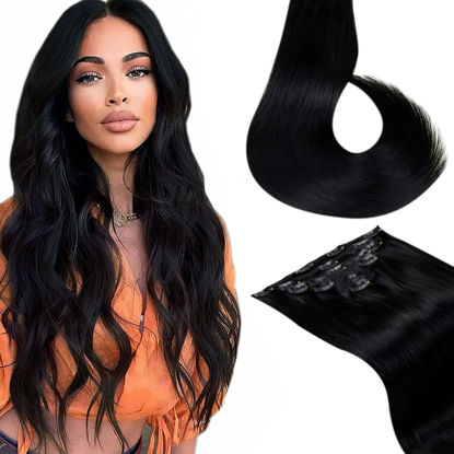 Picture of LaaVoo Clip in Hair Extensions Human Hair Jet Black 16 inch Natural Clip in Real Human Hair Extensions for Black Women Silky Straigt Thick Ends Full Head Set 7Pcs 120gram