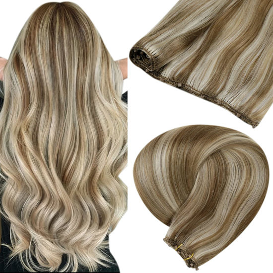 Picture of LAAVOO Micro Loop Weft Hair Extensions Highlight Light Brown to Platinum Blonde Micro Weft Extensions Brown Human Hair EZE Weft Extensions Blonde Micro Ring Beaded Weft Extensions Double Weft 50g 18"