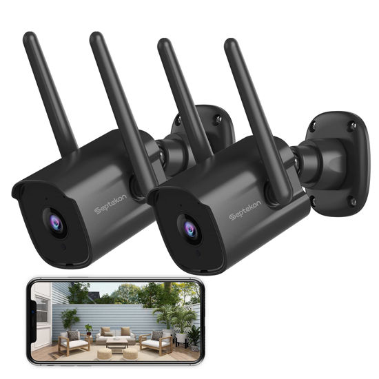 Picture of Septekon Security Camera Outdoor 2 Pack, 2.4G Wired WiFi Cameras for Home Security, 2K Surveillance Cameras with Motion Detection and Siren, 2-Way Audio, Night Vision, IP66 Waterproof, Black