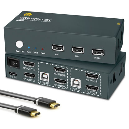 Picture of HDMI KVM Switch Dual Monitor 4K@60Hz, KVM Switch 2 Monitors 2 Computers Share USB Ports, Dual Monitor KVM Switches 2 Port 2 PCs Share 2 Monitors, Hotkey Switch, with 4 HDMI Cables and 2 USB Cables