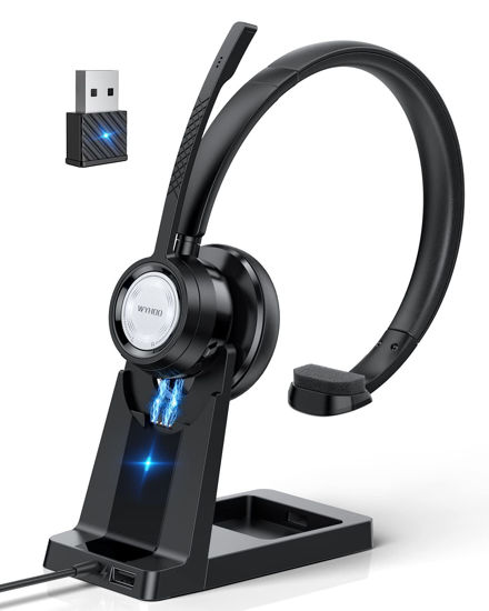 Picture of WYHOO Bluetooth Headset Wireless Headset with Microphone AI Noise Canceling, Hands Free On Ear Bluetooth Headset with USB Dongle & Mute Button for Computer Office Call Center Trucker Cell Phone