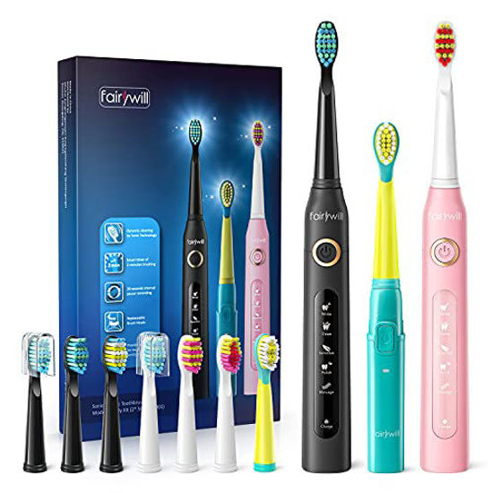 Picture of Fairywill Electric Toothbrush Family Kit, 3 Sonic Powered 40,000 VPM Whitening Rechargeable Elec Toothbrushes for Adults & Kids - 10 Brush Heads, Smart Timer, Waterproof, 4H USB Charge for 30 Days