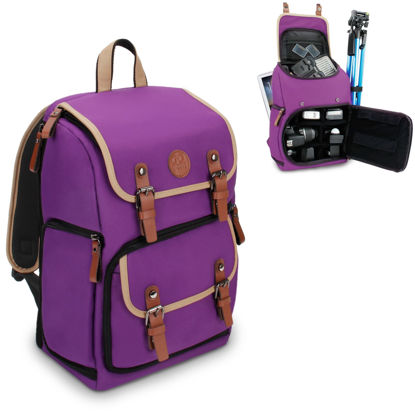 Picture of GOgroove Mid-Size Camera Backpacks for Photographers (Purple) - DSLR Camera Backpack with Tablet Compartment, Accessory Storage, Tripod Holder, Waterproof Camera Bag for DSLR Camera and More