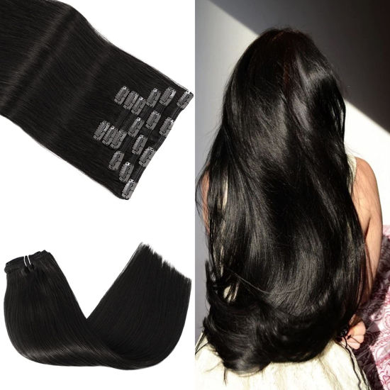 Picture of Clip in Hair Extensions Remy Human Hair 14 Inch 120 grams Natural Black Off Black Silky Straight Human Hair Clip in Extensions No Shedding No Tangling Thick Hair Extensions Clip