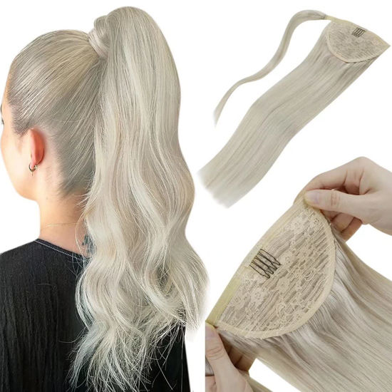 Picture of LAAVOO Blonde Clip in Ponytail Hair Extensions Human Hair 16" #60 Platinum Blonde Human Hair Extensions Ponytail Wrap Around Remy Hair One Piece Silky Straight 80g