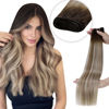 Picture of LAAVOO Sew in Weft Hair Extensions Human Hair Brown Weft Extensions 14inch Ombre Dark Brown to Light Brown Mix Light Blonde Remy Hair Weft Extensions Hand Tied Double Weft One Piece 80 Grams