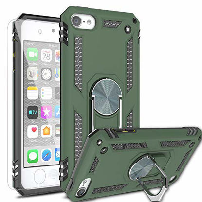 Picture of AYMECL iPod Touch 5/6/7 Case with HD Screen Protector,[Military Grade] 360 Degree Magnetic Support Metal Ring Armor Shockproof Cover for Apple iPod Touch 7th/6th/5th Generation-ST Green